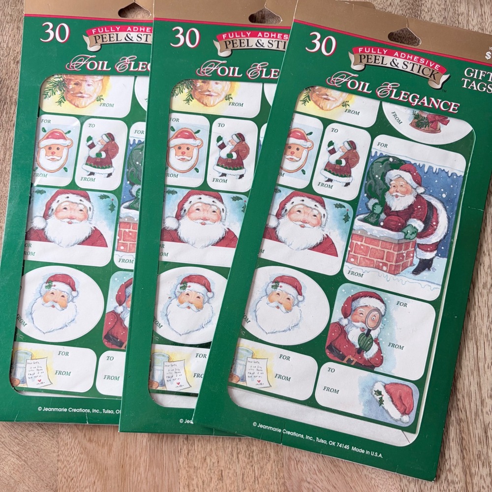 Vintage Jeanmarie Creations Christmas Gift Tags 90ct Santa Foil Peel Stick Lot 3